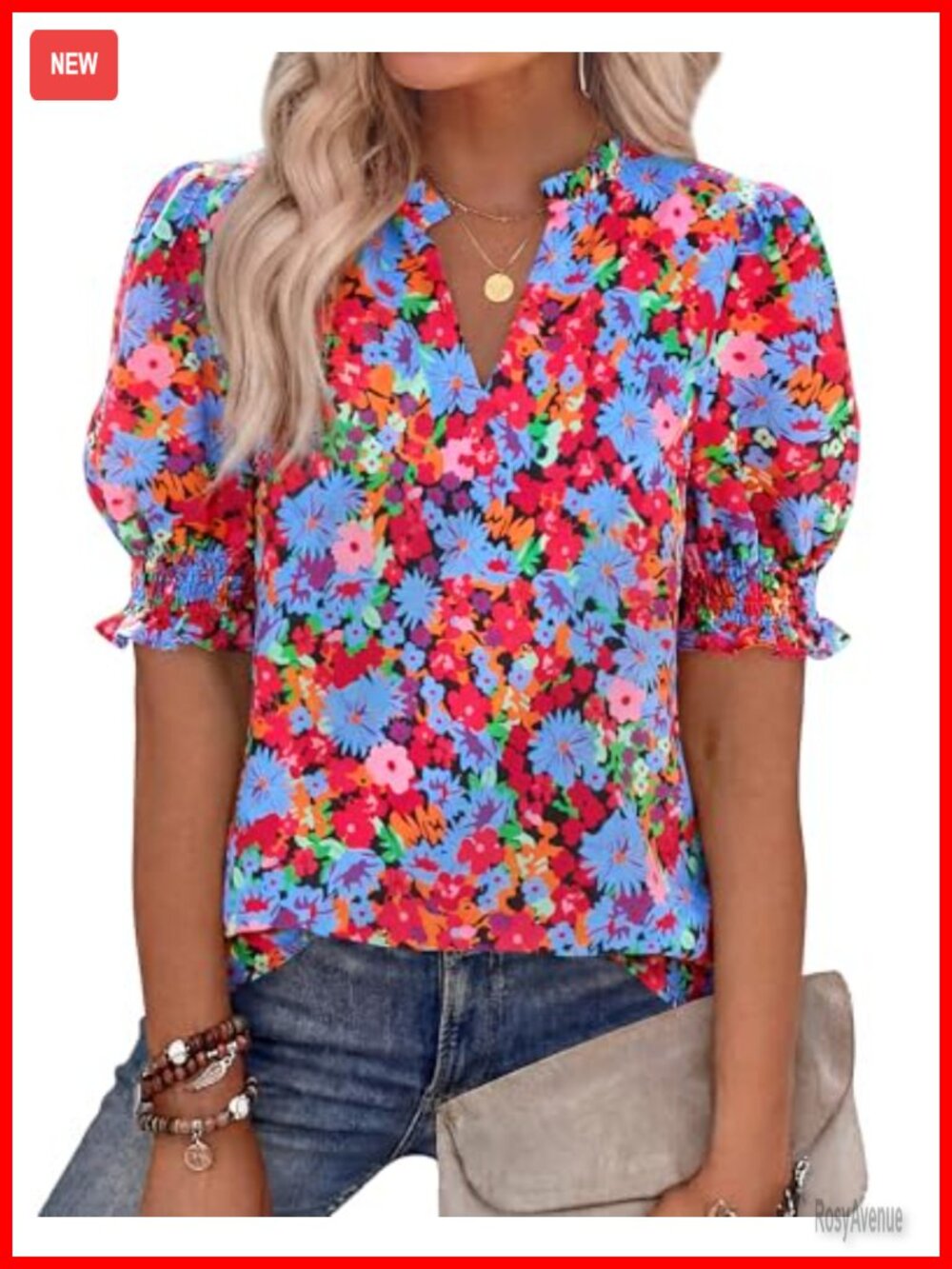Boho Floral Blouse V-Neck Puff Sleeve Smocked Cuff Summer Lightweight